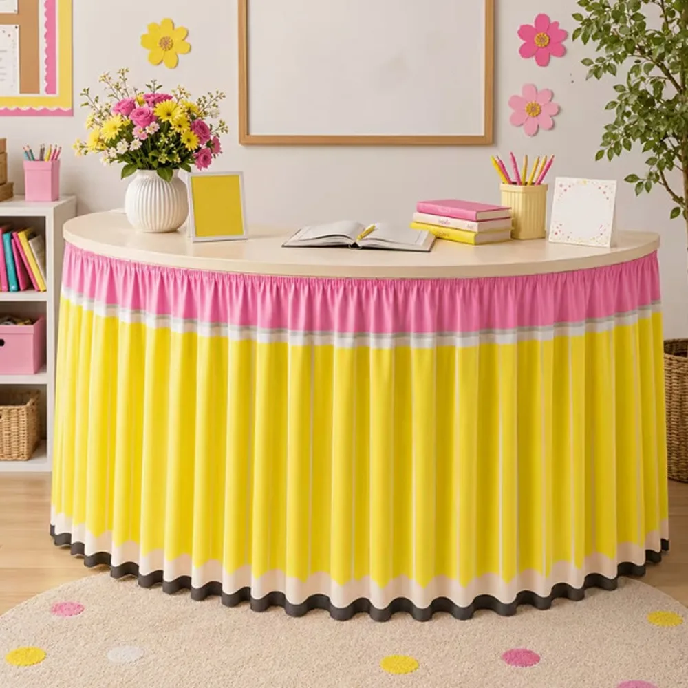 Cartoon Pencil Ruffled Table Skirt Elastic Edge School Stationery Theme Crescent Table Skirting Wrinkle Resistant Polyester