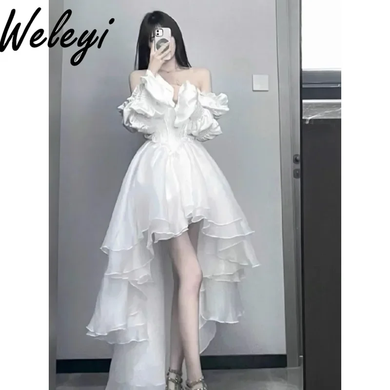 Temperament Princess Hot Girl Fairy White Dress 2025 Spring Premium Women's Long Puff Sleeve Slimming Waist Skinny Short Dresses