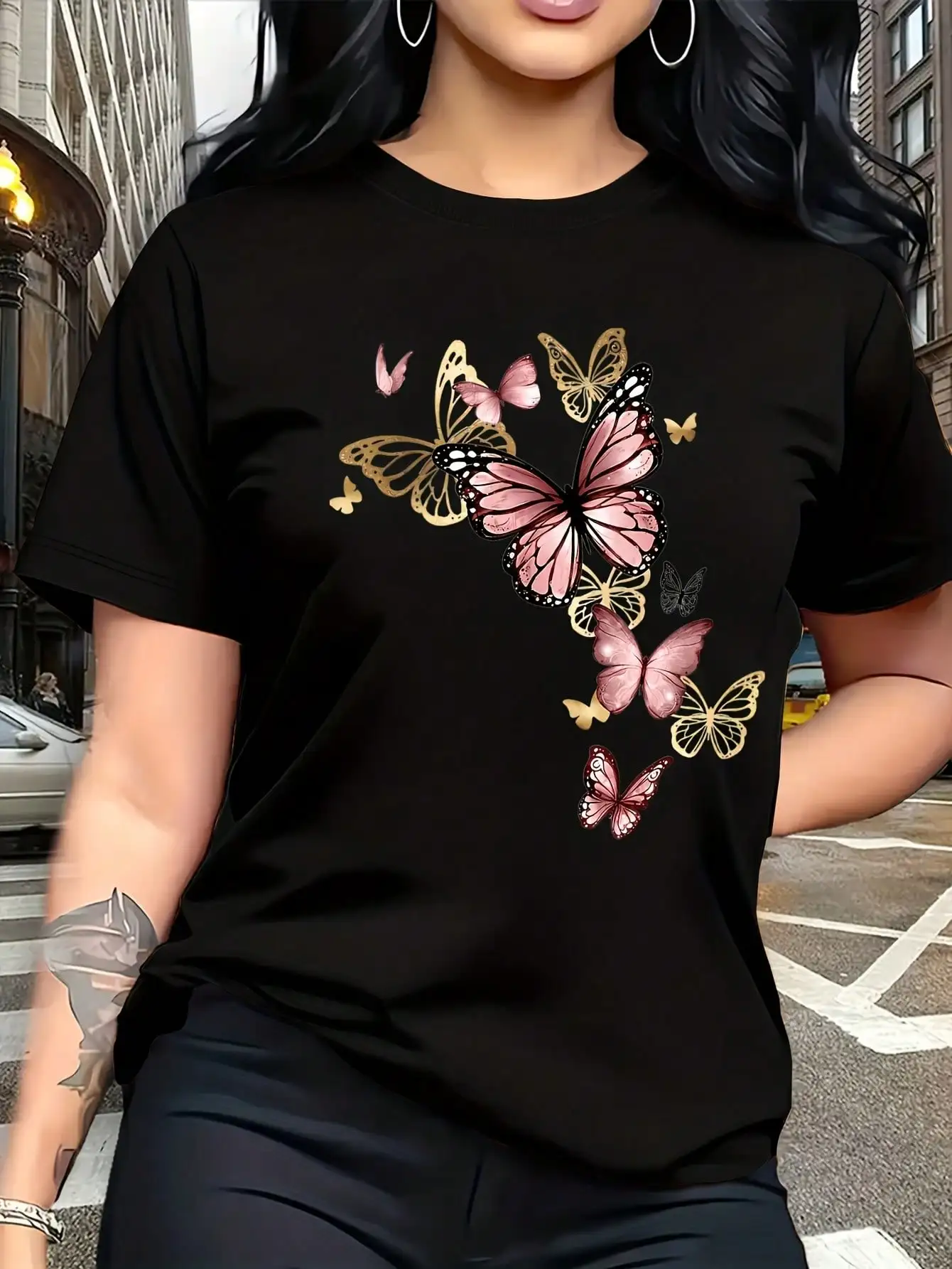 Watercolor Style Butterfly Pattern Print, Fashion Breathable T-Shirt, Family, Campus, Casual, Daily Commute, Versatile T-Shirt