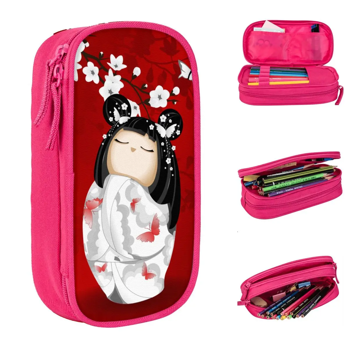 Kokeshi Doll Cherry Blossoms Pencil Cases New Pen Box Pencil Bags Girl Boy Big Capacity Students School Gift Pencilcases