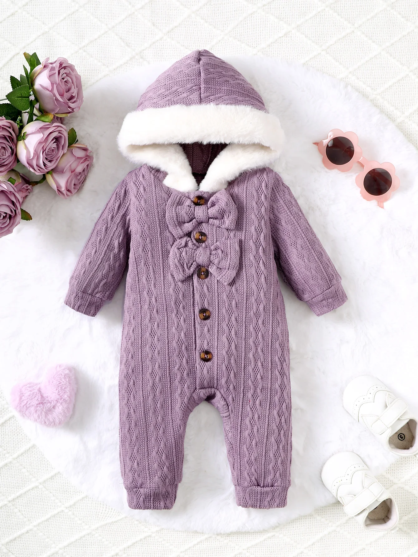 Autumn And Winter Baby Girls Wool Collar Long Sleeve Cable Knit Jumpsuit Purple Temperament Baby Girls Warm Texture Ha Clothes