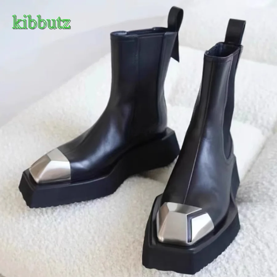 Metal Flat Toe Patchwork Boots for Women,Thick Soled Leather Stretch Boots Camping Motorcycle Boots 2023 New Zapatos Para Mujere