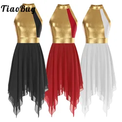 Womens Modern Lyrical Dance Costume Color Block Praise Liturgical Dresses Sleeveless Overlays Tunics Church Dancewear