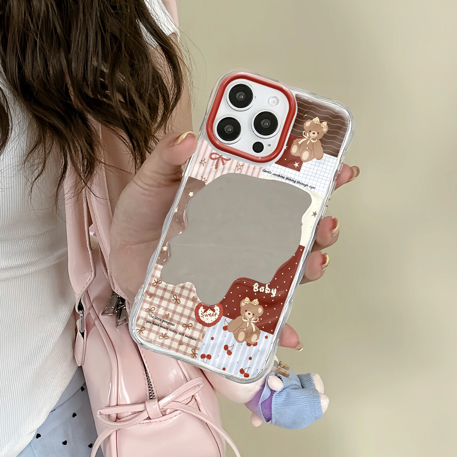 Vintage Patchwork Teddy Bear Mirror Phone Cover, Clear Wavy All-in Red Camera Frame TPU Case for All iPhone 11-17 Series