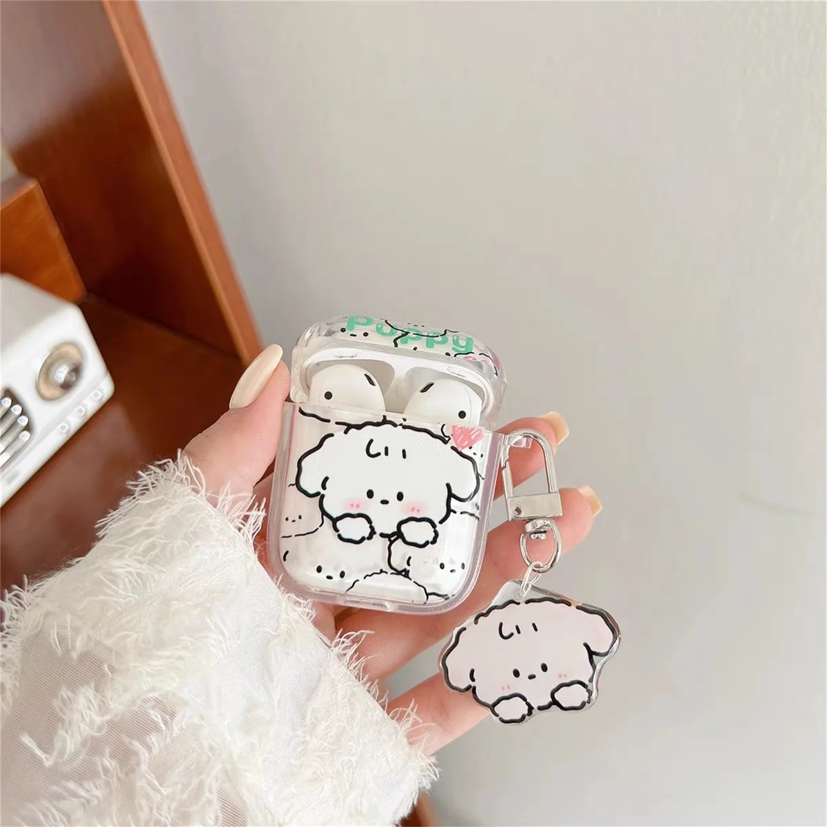 Étui de protection pour AirPods Pro 1 2, chien de dessin animé chiot, étui pour écouteurs Sweet Pearl avec porte-clés, housse transparente pour Air Pods