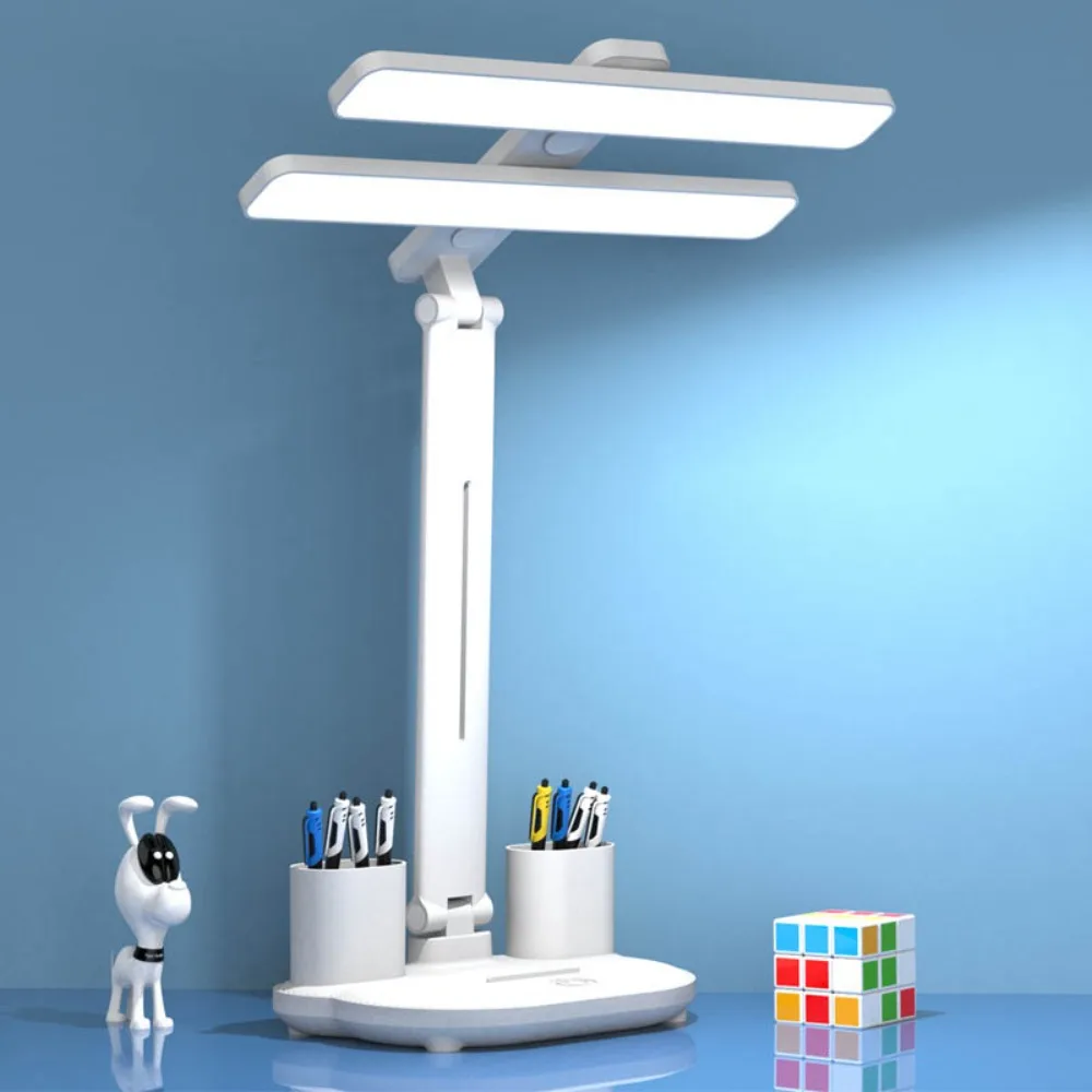 

Multifunctional Double Head LED Fan Table Light USB Charging Dimmable Reading Light Folding with Pen Holder Desk Lamp Bedroom