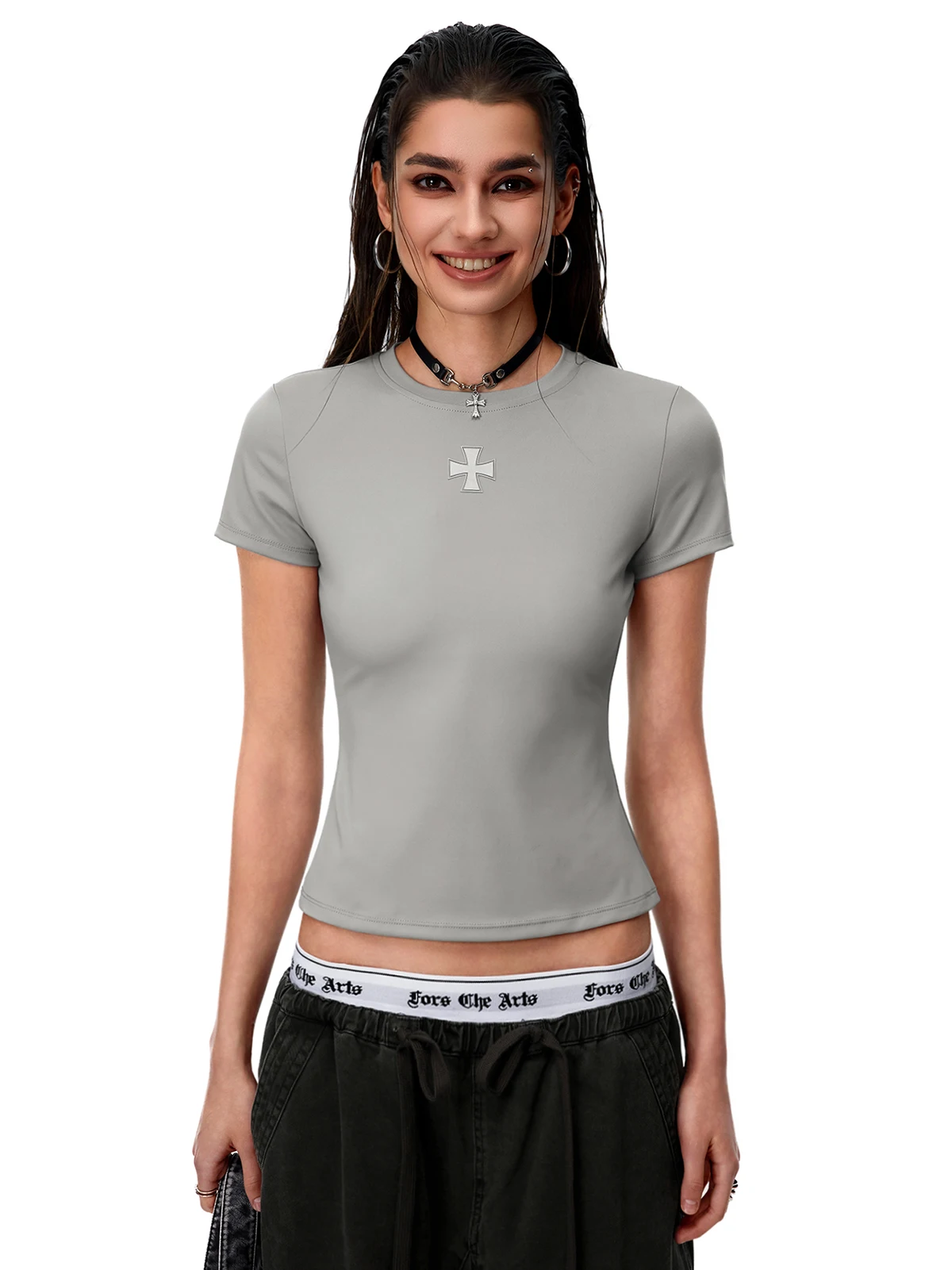 

023Start Cross Slim Fit футболка с круглым вырезом для женщин, модная базовая футболка в американском ретро-стиле, топ для стильных девушек, повседневная, с коротким рукавом