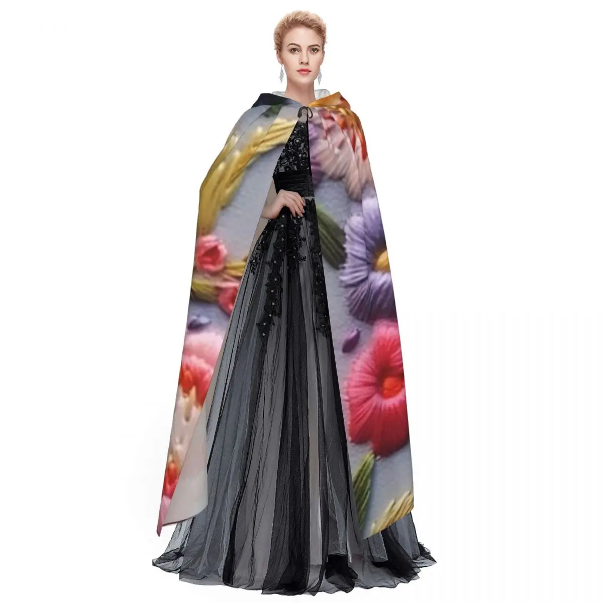 Bordado floral intrincado em tecido leve longo com capuz capa bruxa traje medieval cosplay capa halloweenparty adulto unisex