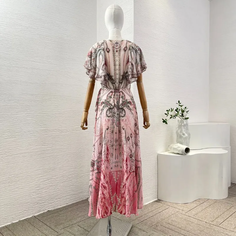 Mini vestido estampado com flores cor de rosa, gola V profunda, manga curta, diamantes, bainha irregular, moda verão, nova chegada, 2024