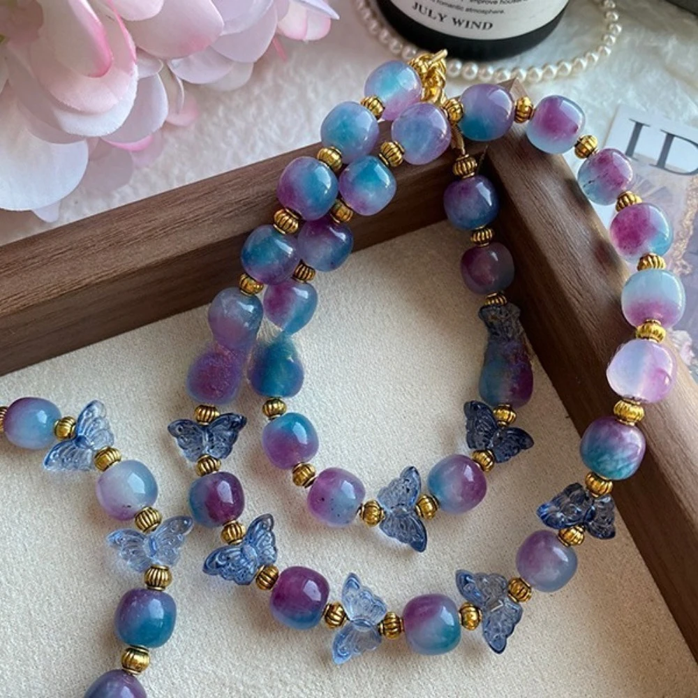 

Fairy Gradient Purple Blue Butterfly Beaded Necklace, Handmade Aesthetic Iridescent Glass Bead Choker Boho Sweet Dreamy Daily