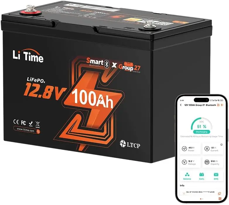 

12V 100Ah LiFePO4 Battery Bluetooth, Group 27 Lithium Battery, Built-in 100A BMS with Low-Temp Protection, Max. 15000 Deep Cycle
