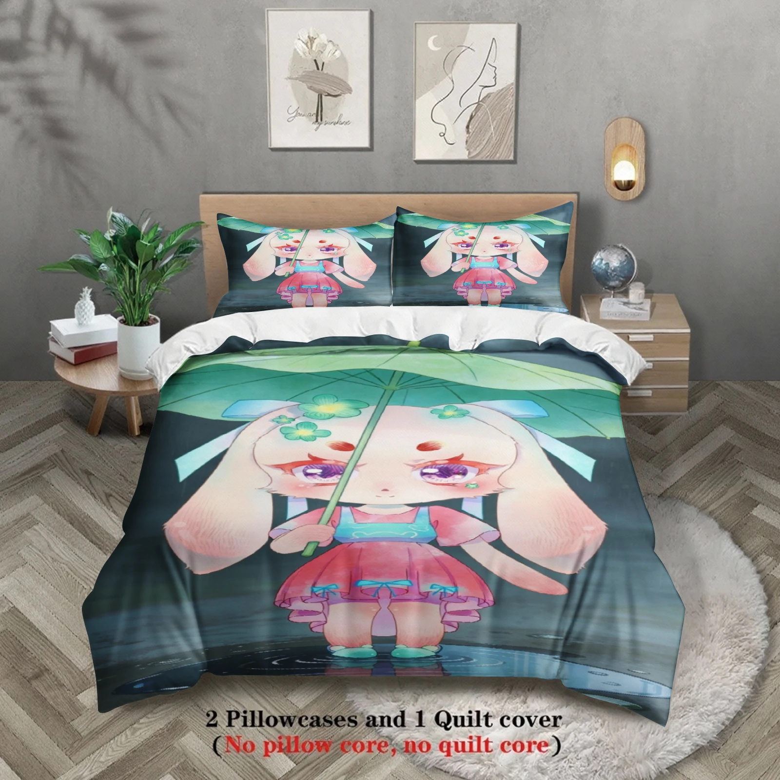 Softville Cozy Town 3PCS Bedding Sets Lop Rabbit Holding A Lotus Leaf Print Duvet Cover No filling Cartoon Style Queen King Size