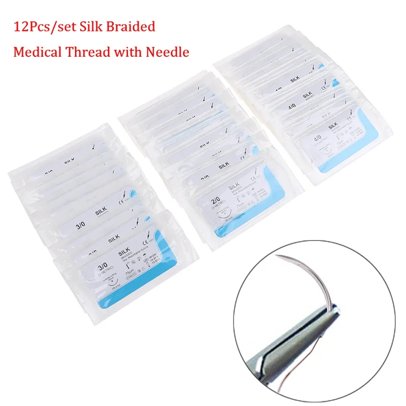 12PCS 2/0 3/0 4/0 Medical Needle Suture Nylon Monofilament Thread Suture Practice Kit Teaching Demonstrations Exercises