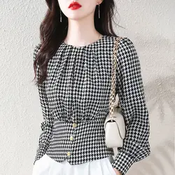 Spring Autumn Women's Pullover Round Neck Button Solid Shirring Plaid Lantern Long Sleeve T-shirt Undershirt Fashion Casual Top