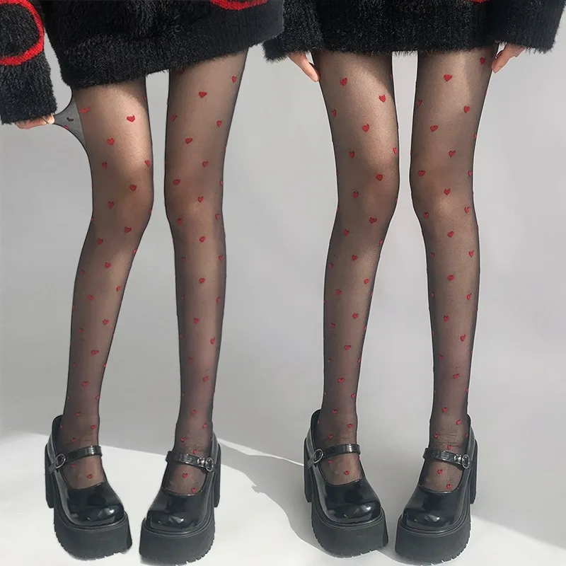 

Sweet Cute Love Heart Pattern Tights Stockings Women Sexy Black Transparent Pantyhose Y2k Spicy Girls Party Clubwear Leggings