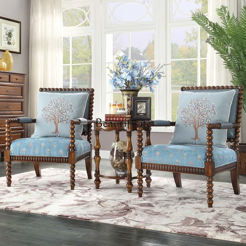 

09 American Single Sofa Leather Back Chair Living Room Solid Wood Fabric casual Chair European Style