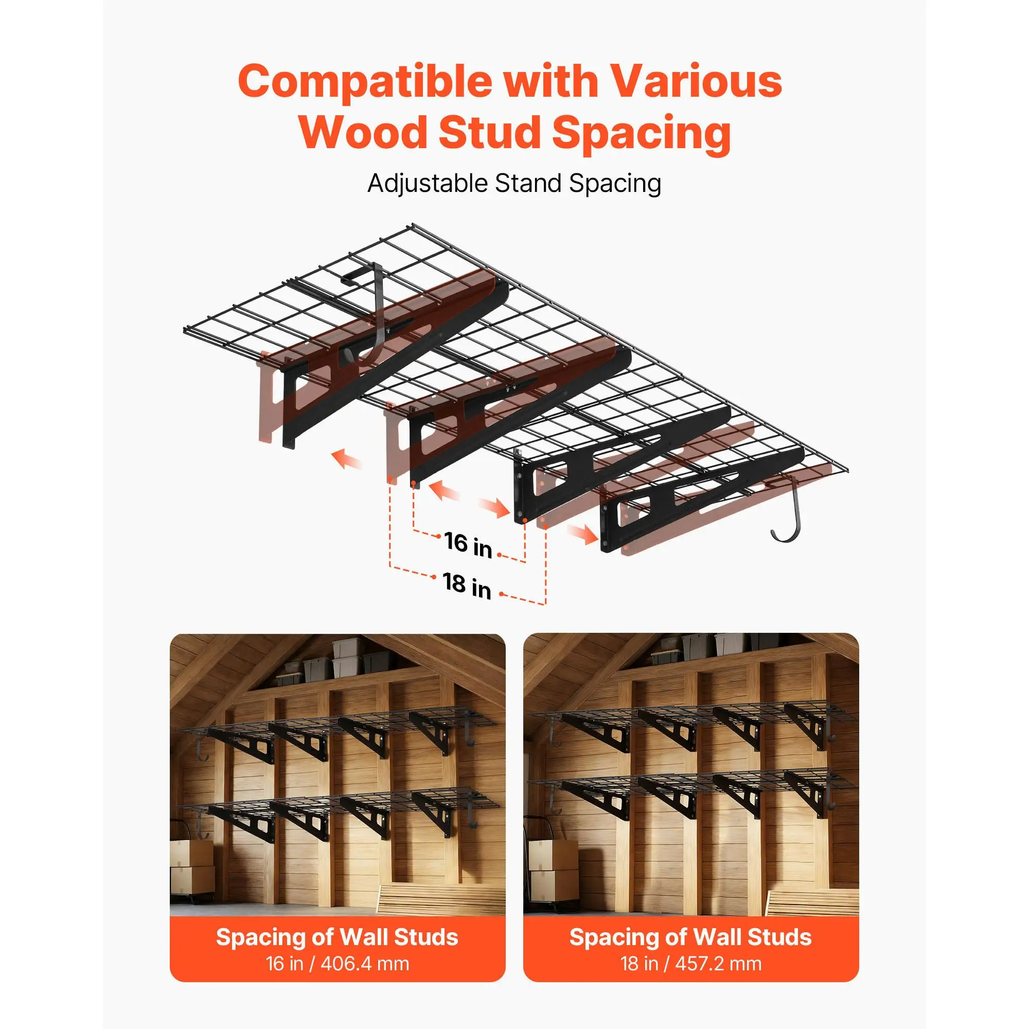 2 Tier Heavy Duty Wall Mounted Garage Shelving 8 Pack 1 x 3 ft Steel Storage Shelves with Hooks 24 x 72 Inch Per Shelf Floating Metal Rack 1000 lbs Total Capacity Black