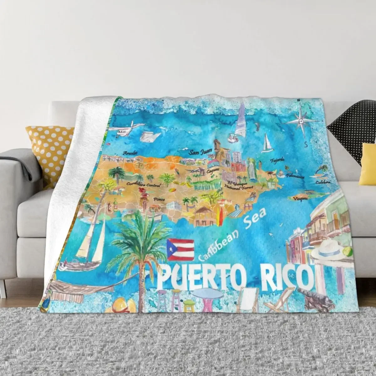 Puerto Rico Islands Illustrated Travel Map with Roads and Highlights Throw Blanket Designers Furry Blankets For Baby Blankets