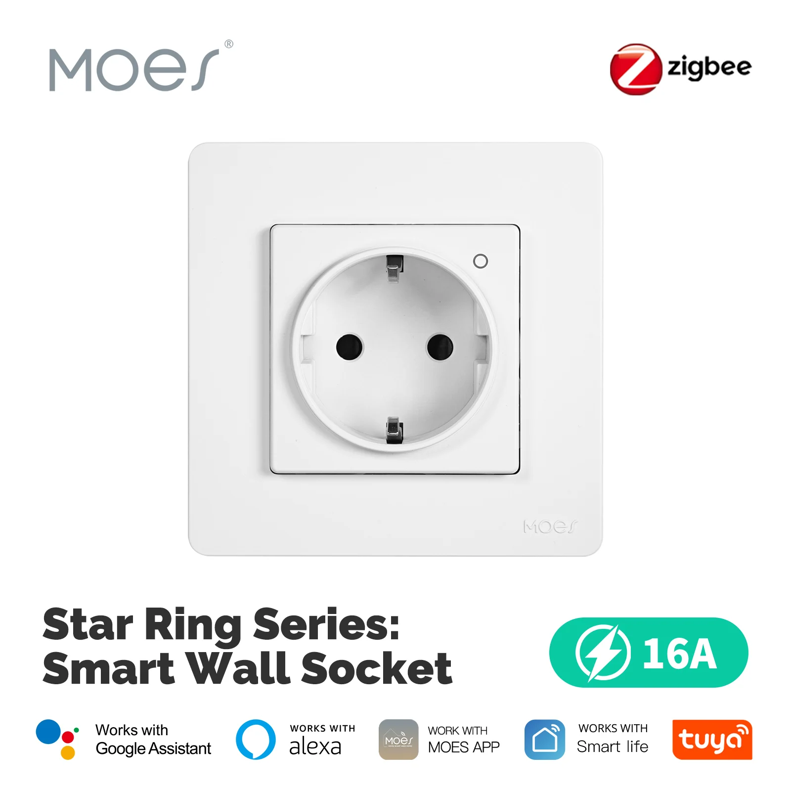 MOES Tuya Smart ZigBee EU-Steckdose, wandmontierte Einbausteckdose mit Echtzeit-Stromüberwachung, Energieverbrauchsmesser, Fernsteuerung über APP, Unterstützung für Sprachbefehle, Alexa Google Home