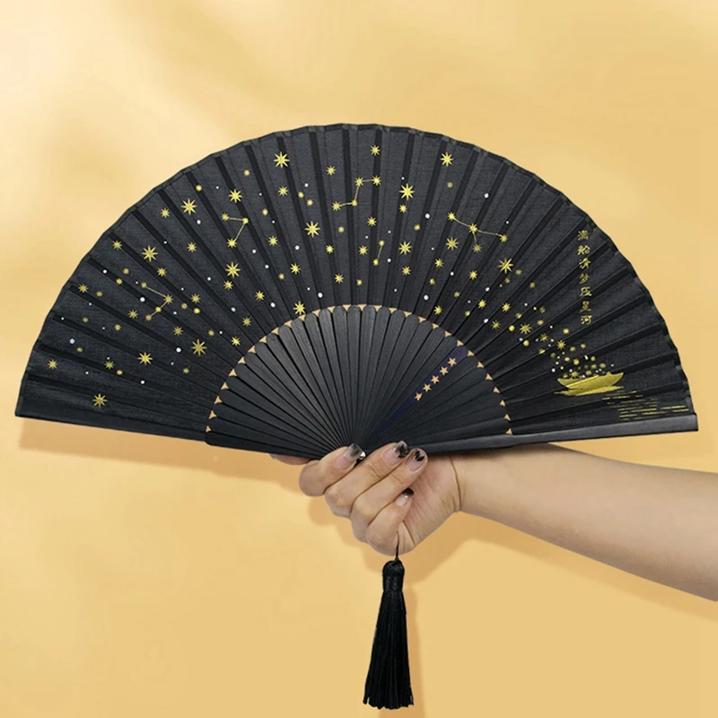 Clássico estrelado seda dobrável ventilador, tecido chinês e japonês, dobrável ventilador para dança