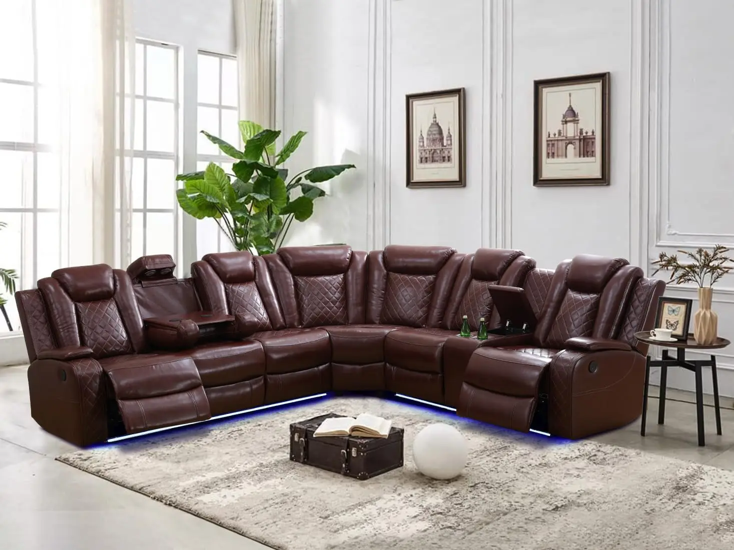 Living Room Set Brown L-shaped Leather Sofa Living Room Furniture Set Power Recliner Adjustable Sofa