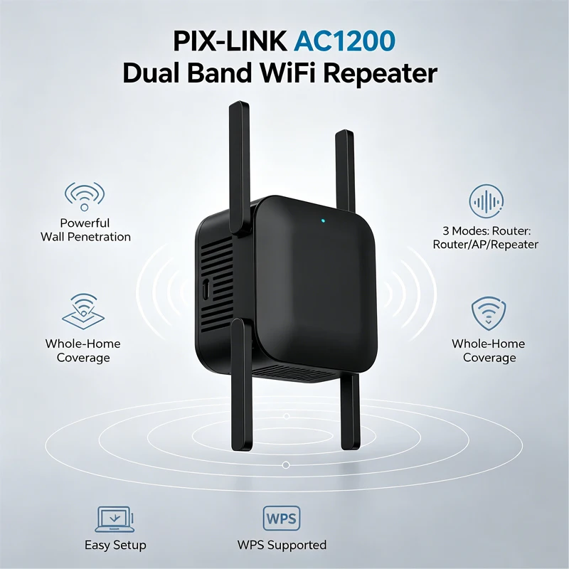 PIX-LINK AC28 AC1200Mbps Dual Band Wireless Signal Booster 3 Switchable Modes WPS One-Click Pairing Extend Home WiFi