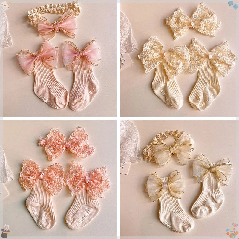 

Kids Headband Socks Set Sweet Mesh Flower Hairbands Anti-Slip Cotton Long Sock Princess Girl Hair Accessories Kids Bow Headwear