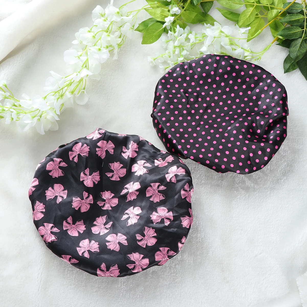 

2 Pcs Waterproof Shower Bath Caps Double Layer Elastic Bathing Hair Cap Kitchen Dust Hat for Women Men Bowknot Design