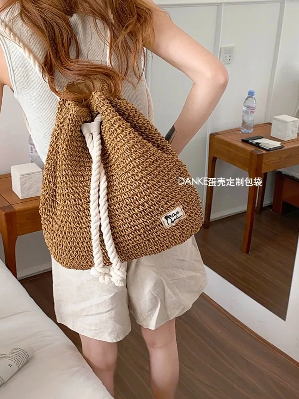 

Korea Summer Travel Beach Drawstring Bucket Bag Fashion Weaved Women Backpack Travel Bag Women Shoulder Bag Mochilas Para Mujer