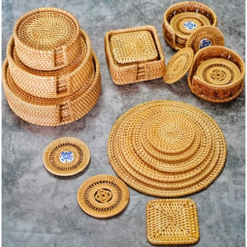 

Coasters Set For Kungfu Tea Accessories Round Tableware Placemat Dish Mat Rattan Weave Cup Mat Pad Diameter 8Cm