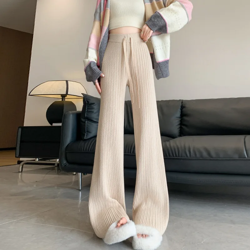 

Вязаные женские брюки с веревкой, корейские модные толстые прямые широкие брюки, женские осенне-зимние новые белые брюки E11126