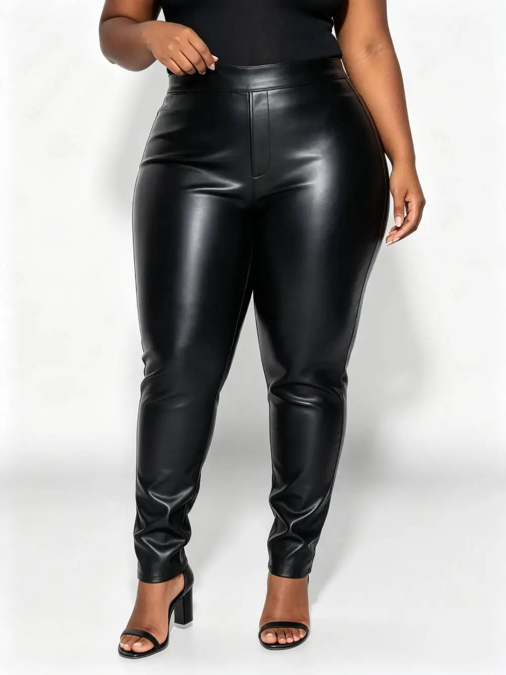 Women's Sexy High Rise Black Faux Leather Trousers Curvy Push Up Slim Fit Skinny Stretch Zip Pants with Pockets Plus Size Party