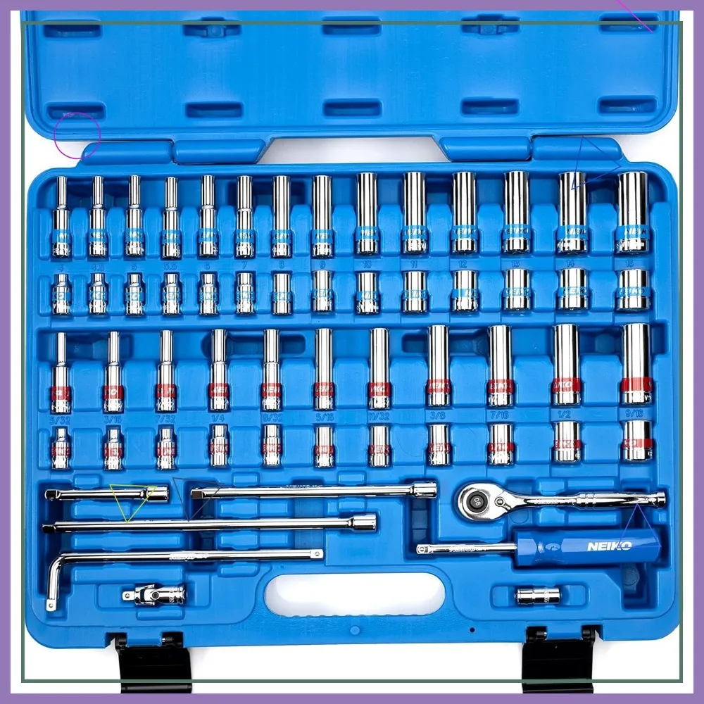 

58-Piece 1/4-Inch Drive Ratchet and Socket Set, Chrome Vanadium Steel, Multi-Color for Automotive and Home Use