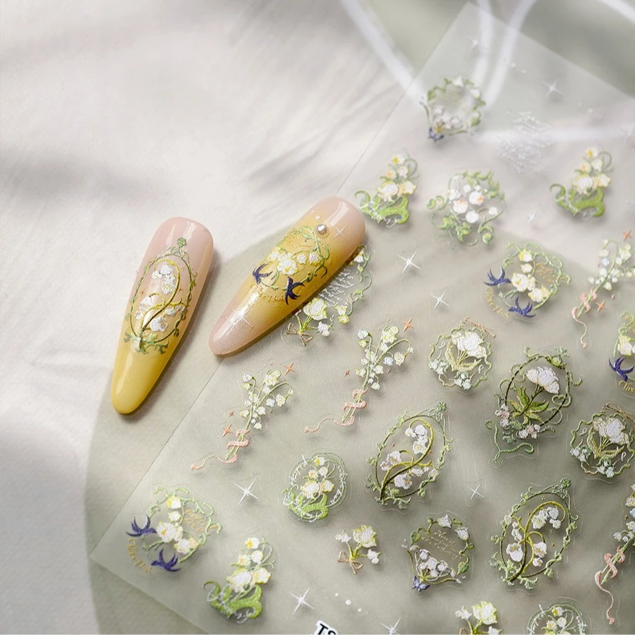 은방울꽃 꽃다발 녹색 포도 나무 리본 Bowknot 5D 부조 자기 접착제 네일 아트 장식 스티커 3D 매니큐어 데칼