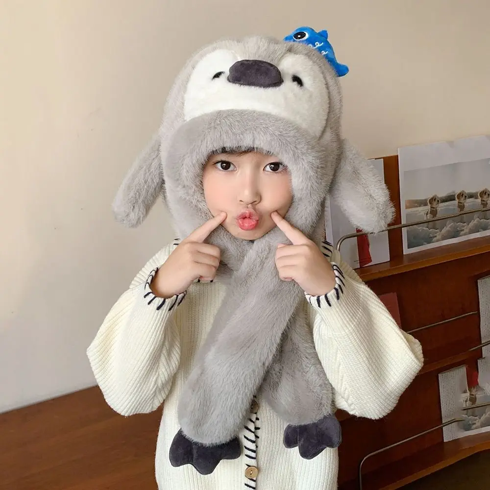 

Fluffy Ear Protection Cap Solid Color Fleece Lined Penguin Ear Moving Hat Windproof Thickened Children Pullover Cap