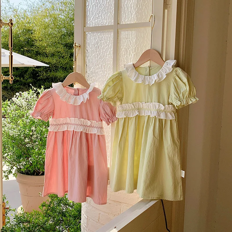 Lotus Collar Contrasting Lace Short Sleeved Girls' Dress Summer Korean Children's Clothing Sweet Children's Princess Dress