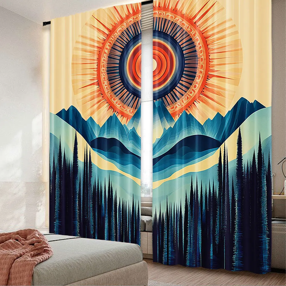 

2Pcs Boho Curtain Mid Century Wilderness With Mountain Scenery Forest And Sun For Bedroom Living Room Dining Room And Bathroom A