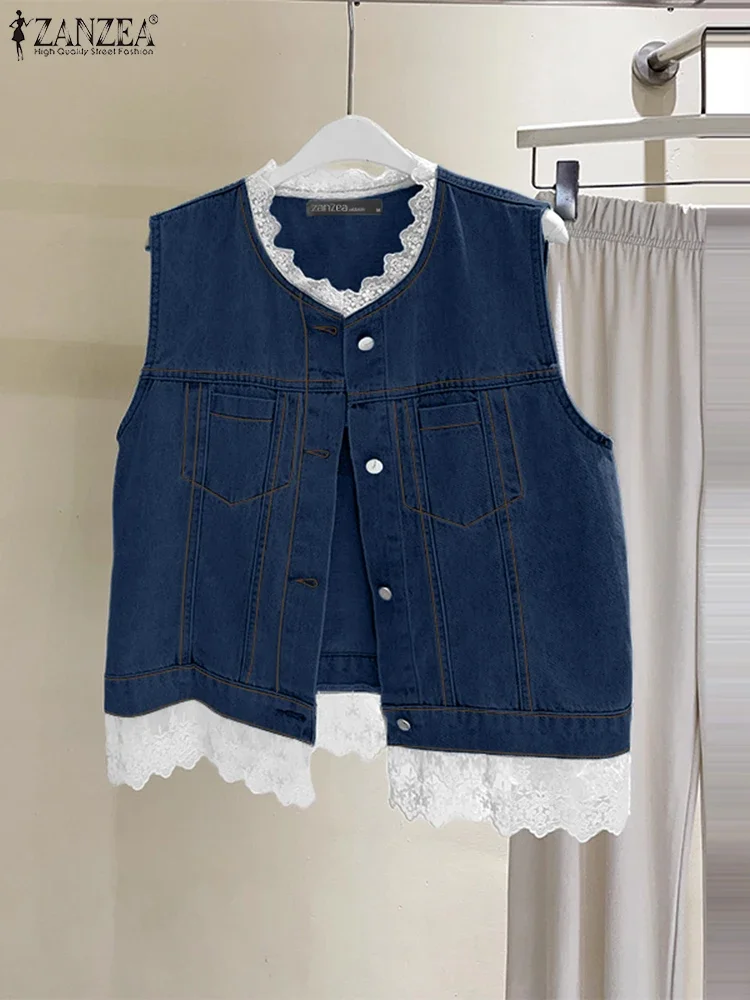 

ZANZEA Lace Tops Sleeveless Denim Tanks Women Simple O-neck Loose Camis 2025 Solid Color Summer Tees Casual Tunics S-3XL