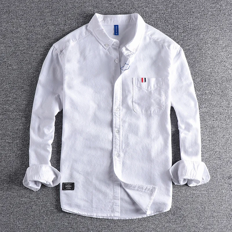 

Washed Oxford Cloth Long Sleeve Shirt Men's Pure White Simple Versatile Pocket Decorated Hong Kong Style Japanese Fashion
