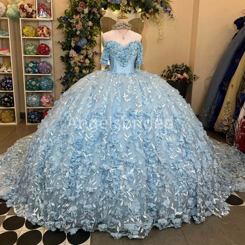 Angelsbride-Robe de Rhbleu clair avec appliques 3D, robes de Quinceanera, robe de soirée, 15 ans, nouveau, 2025