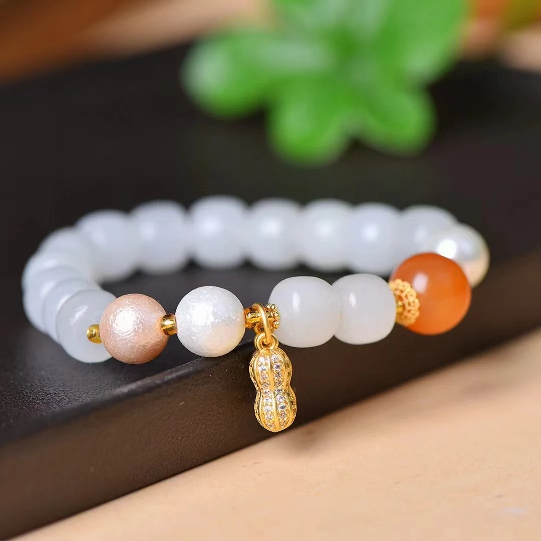 Gouden Zijden Jade Handketting Witte Appel Kralen Natuursteen Elastische Armband Exquise Vrouwen Edelsteen Armbanden Bedels Sieraden