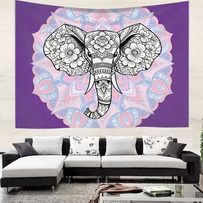 VIKAMA Purple Background Floral Mandala Elephant Tapestry, Boho Black White Line Art Wall Hanging for Bedroom Dorm