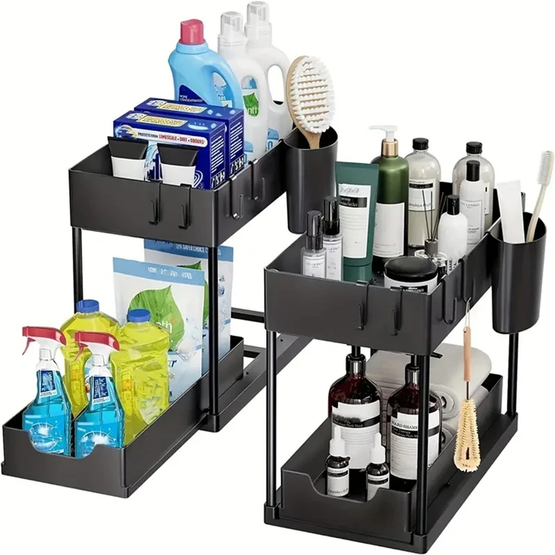 Organizer Rack, Sliding Cabinet Basket Drawer, Multi-Purpose Storage for Kitchen, Bathroom - Black-SPMI