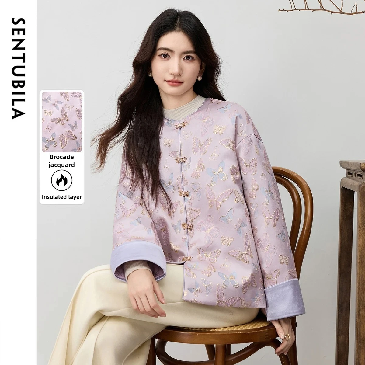 

SENTUBILA Women's Quilted Coat 2025 Winter Chinese Style O-Neck Butterfly Jacquard Irregular Hem Loose Fit Outerwear 154WP3994