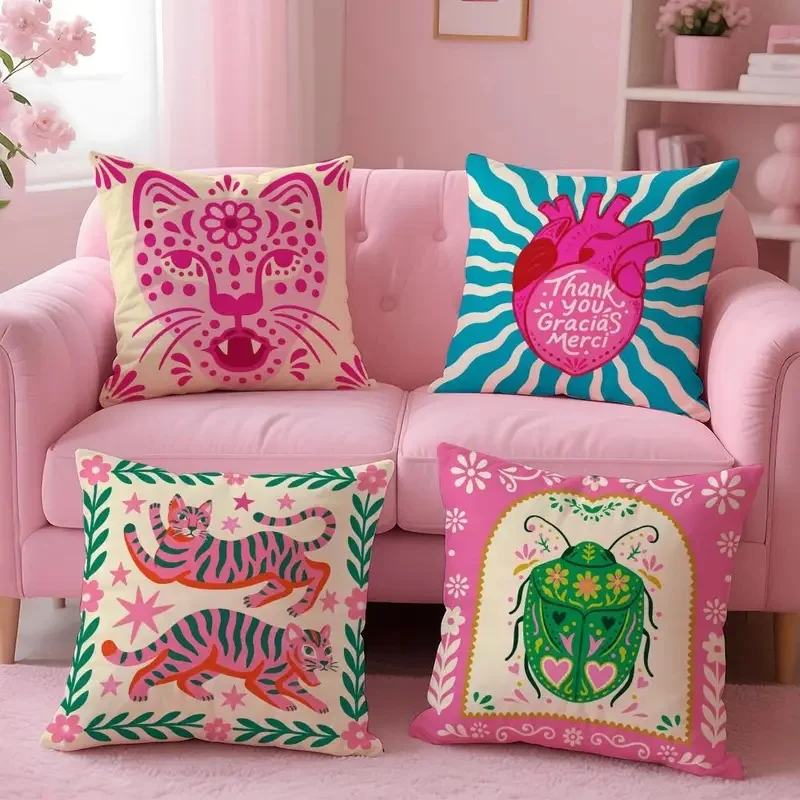 4PCS  Soft Short Plush Leopard Palm Tree Cushion Cover Boho Nordic Double-Sided Print Pillow Case for Sofa Bedroom Home Decor