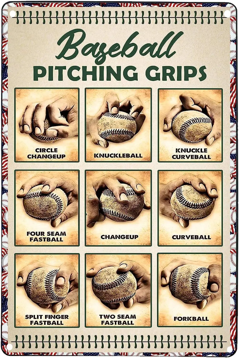Baseball Pitching Grips Retro Metal Sign Tin Sign Retro Art Print Poster Decoration Bar Cafe Club Wall Plaque 8x12 Inches R sign
