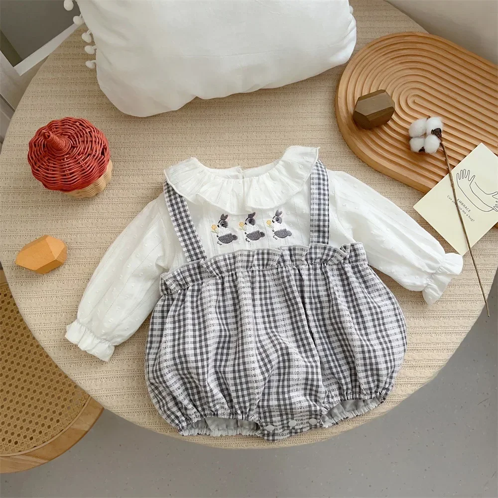 Charming Plaid Baby Romper with Embroidered Accents - Perfect Blend of Comfort and Style for Your Little One