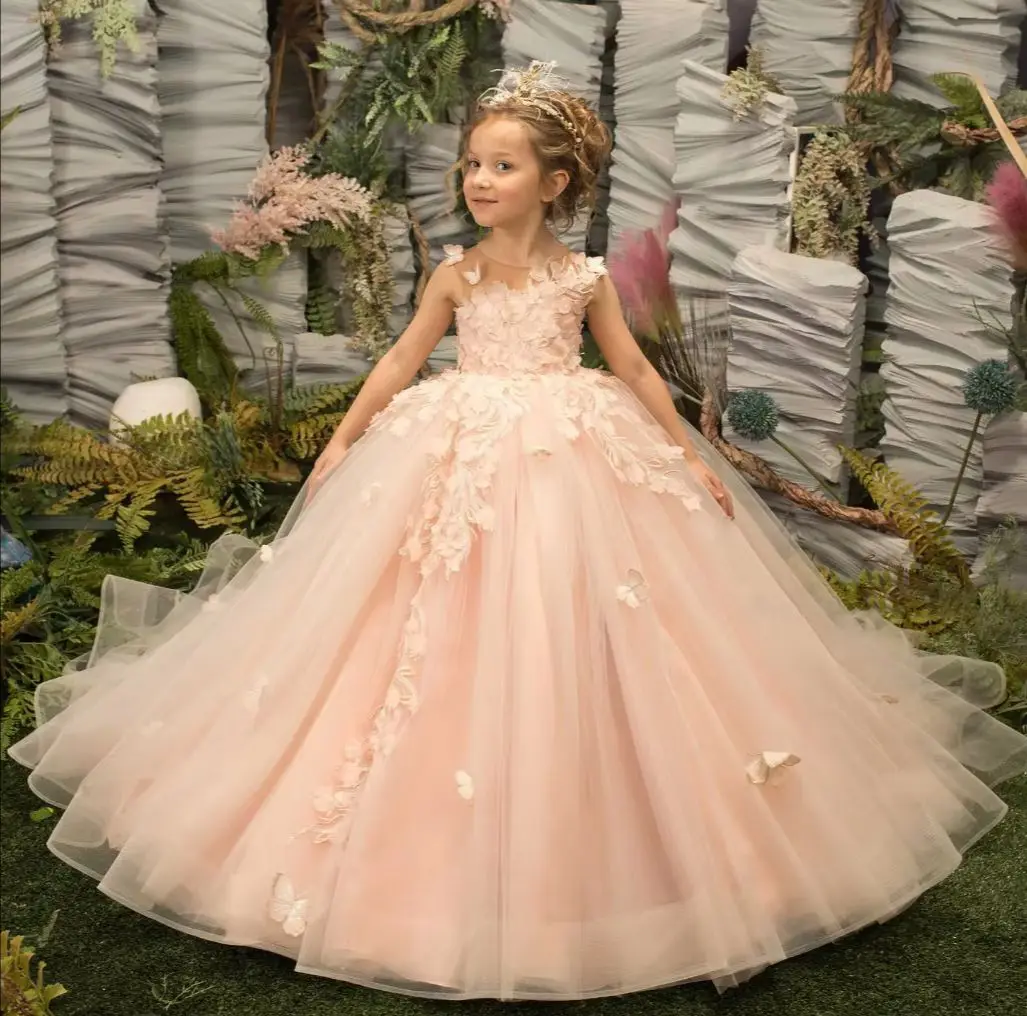 

3D Floral Embroidery Child Bridesmaid Flower Girl Dress for Wedding Fluffy Ball Gown Kid Princess Evening Prom Party