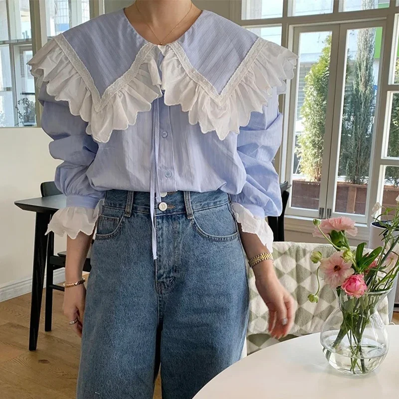 

Elegant Striped Shirts Women Fashion Lace Ruffles Patchwork White Blouses Korean Lace Up Flare Long Sleeve Design Tops New