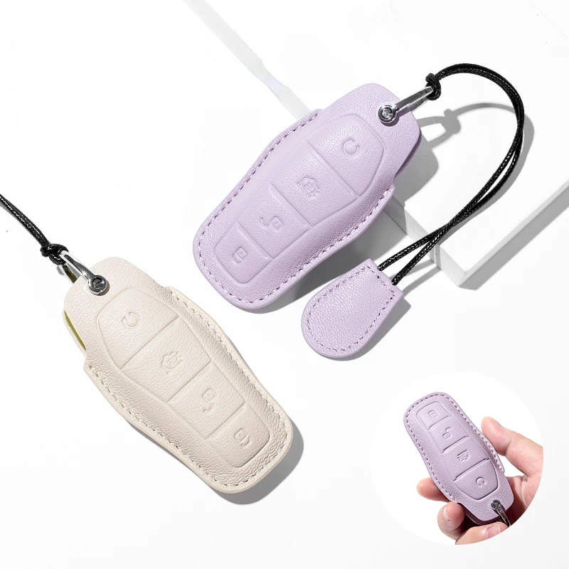 Suitable For BYD ATTO3  SEAL Han Tang DMI EV  Off White + Taro Purple  Goat Skin Leather Car Remote Key Case Cover